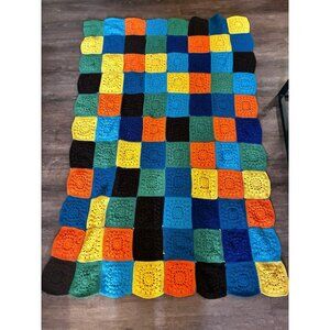 Vtg Granny Square Crochet Afghan Throw Blanket Retro 70s Multicolor 64x44